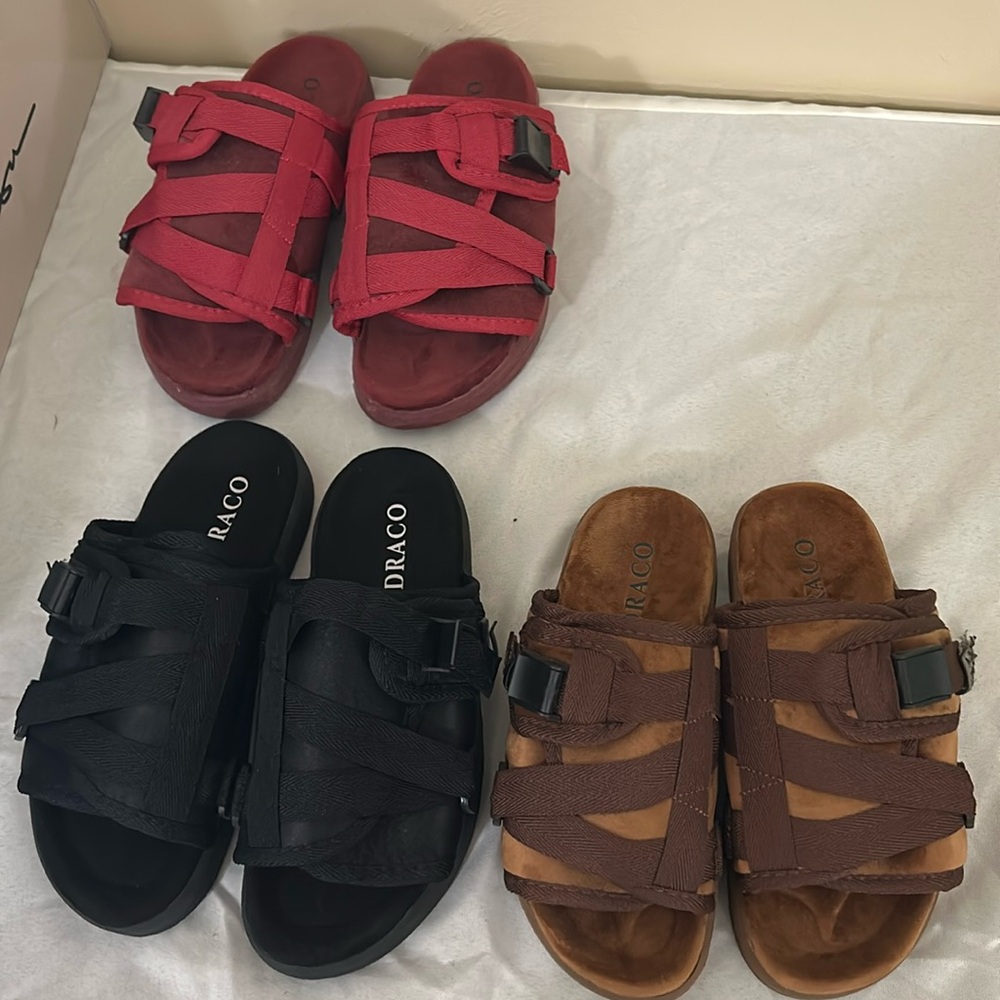 3 pair Draco slides black brown never worn,red worn 1 time